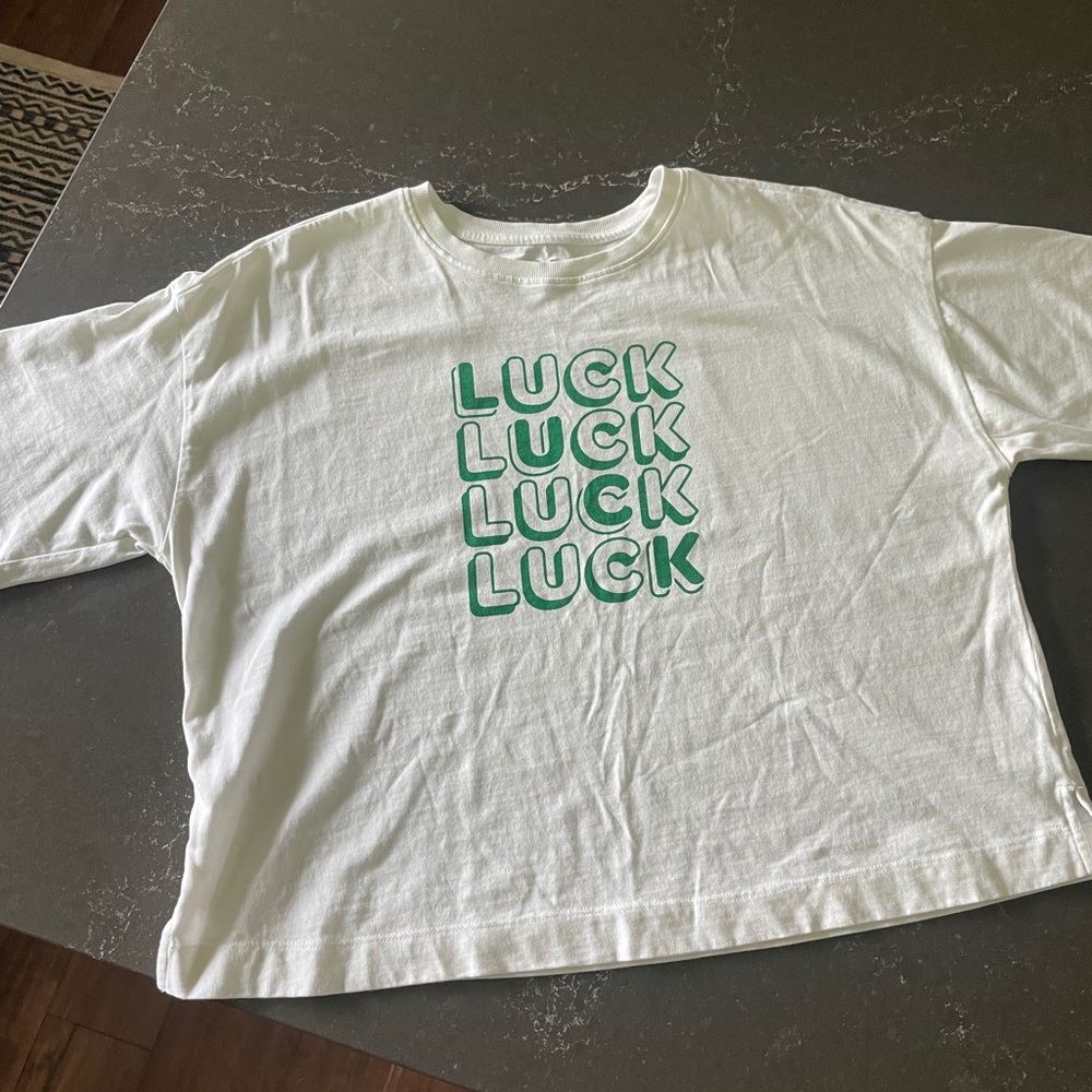 LOFT Like New White Cotton Sateen Boxy T-Shirt with Green 'LUCK' Print